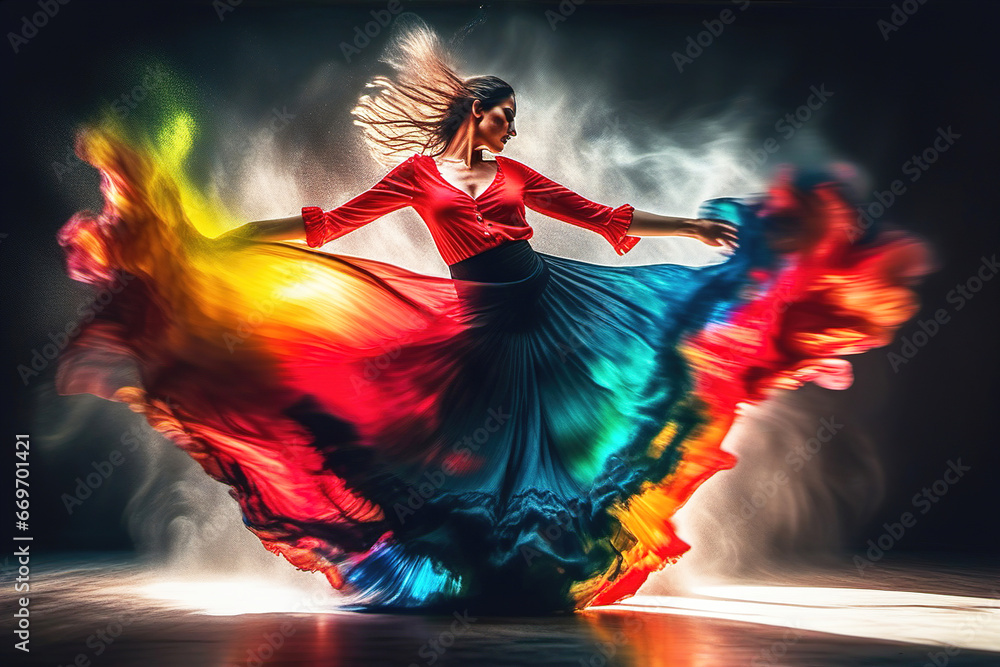 Young woman dancer in a colorful dress dancing flamenco in the smoke - obrazy, fototapety, plakaty 