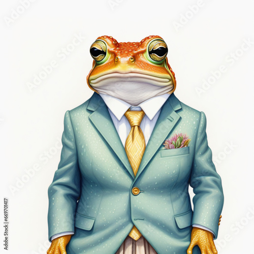 frog with human clothes illustration , colored pencil drawing , isolated white background , 