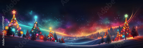 Christmas and New Year abstract festive background with winter forest and snowflakes. 3d illustration.
