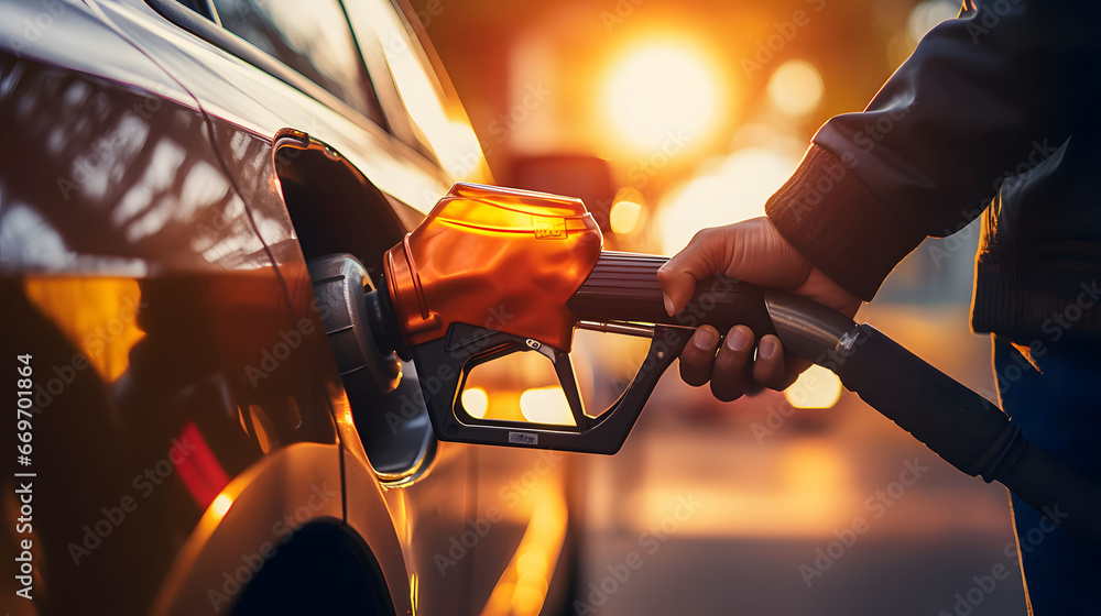 Close-up of man refueling car with gasoline at gas station. Man's hand grips a gasoline fuel nozzle, refuels his car. - obrazy, fototapety, plakaty 