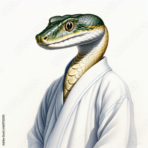 snake with human clothes illustration , colored pencil drawing , isolated white background , 