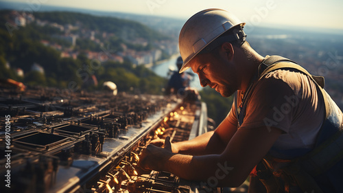 Young workers work on an electrical tower in the evening photo