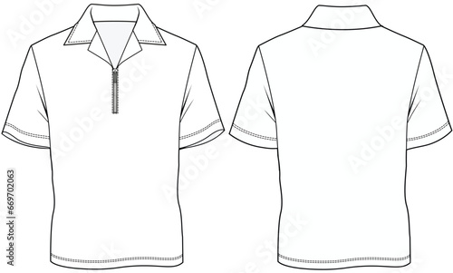 mens short sleeve cuban collar zipper polo t shirt flat sketch vector illustration technical cad drawing template photo
