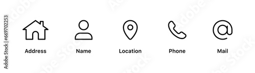 Address, home icon. contact us call icon. map pin location icon. at email icon. user icon - Web icons set