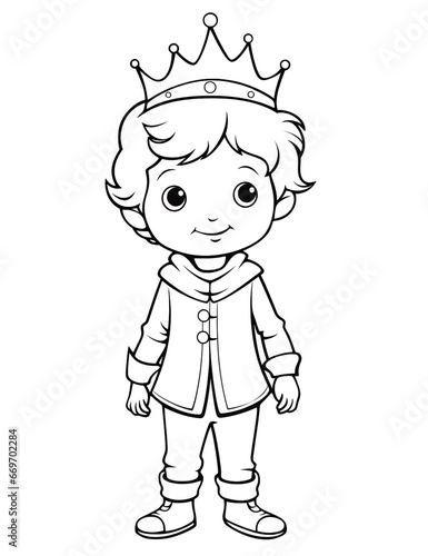 Outline art for a cute little prince for a coloring page. Black and white drawing.