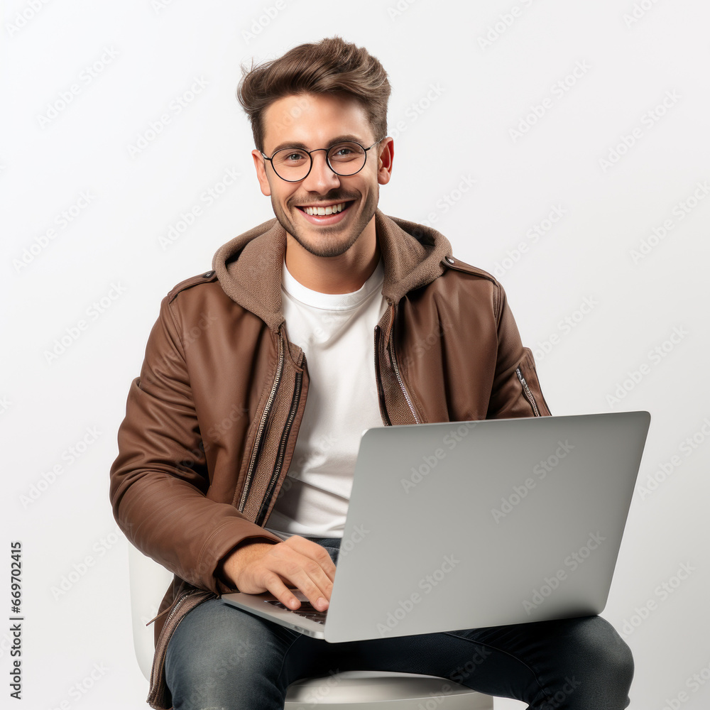 Smiling young man with glasses in a tan jacket, working on a laptop, seated casually, isolated on a white background Smiling young man with glasses in a tan jacket, working on a laptop, seated casually, isolated on a white background