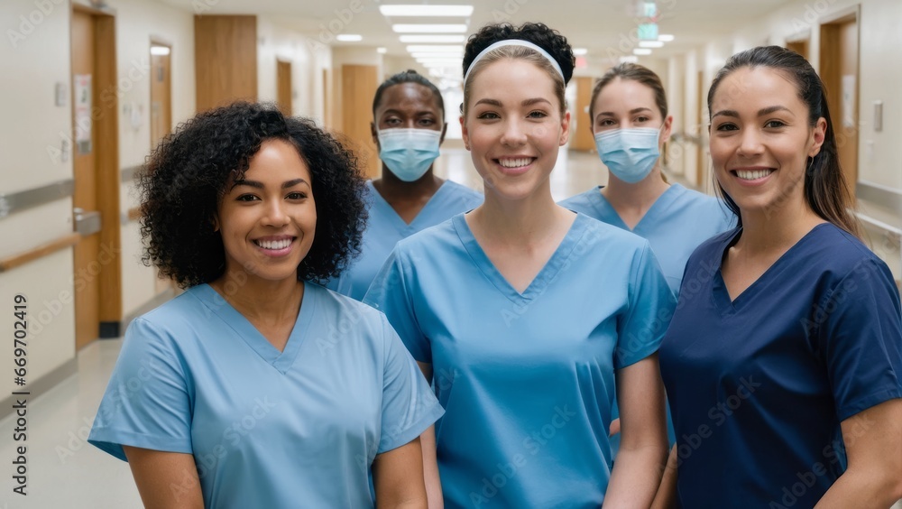 A group of nurses standing inside a hospital hallway A group of nurses standing inside a hospital hallway