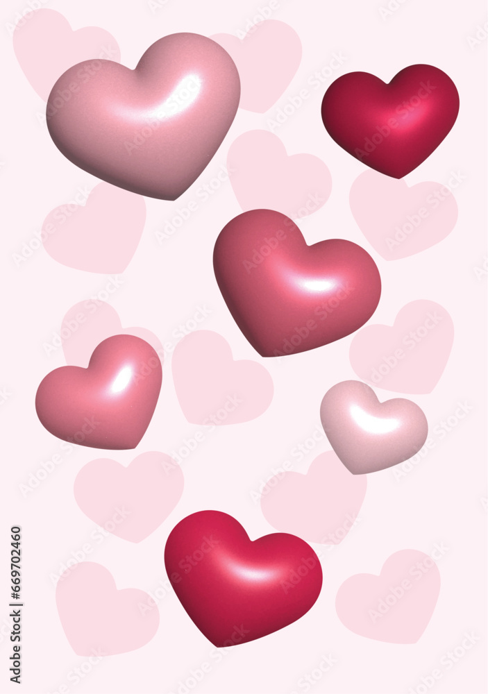 Vibrant 3D-style vector illustration featuring volumetric hearts on a pink backdrop, creating a visually striking and immersive design