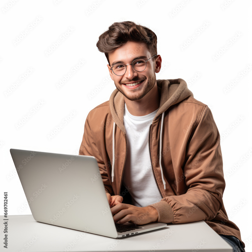 Cheerful young man in glasses and a beige jacket using a laptop, seated at a white table, isolated on white background Cheerful young man in glasses and a beige jacket using a laptop, seated at a white table, isolated on white background