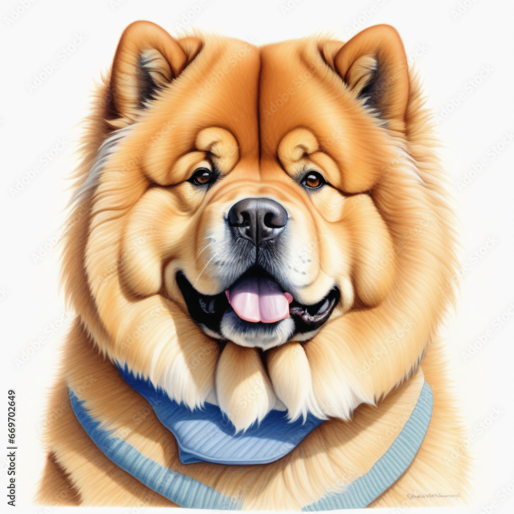 chow chow with human clothes illustration , colored pencil drawing , isolated white background , 