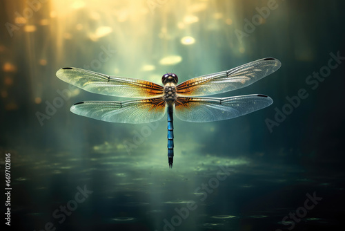 Elegant Dragonfly in Tranquil Pond Scene © AIproduction