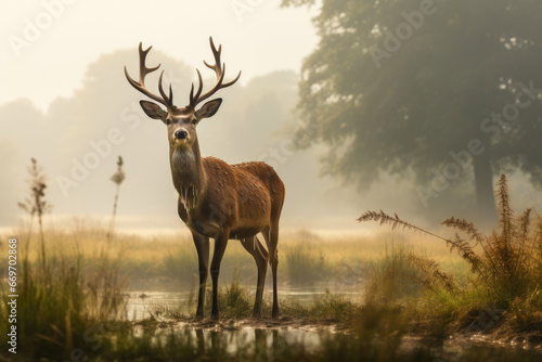Majestic Deer in a Misty Meadow