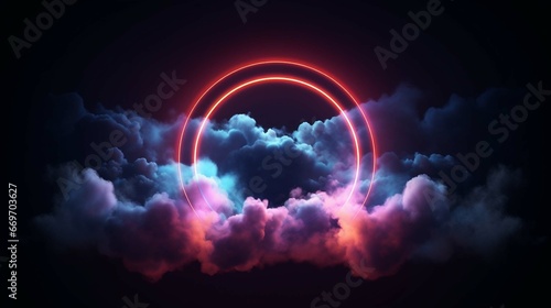 abstract cloud illuminated with neon light ring on dark night sky. Glowing geometric shape, round frame 