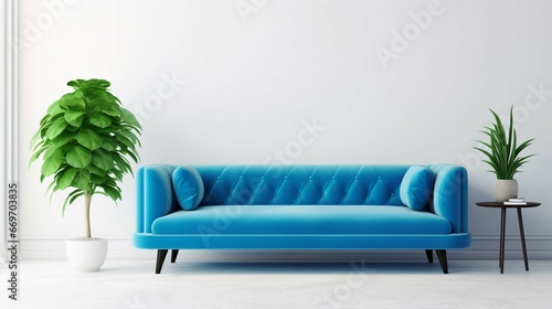 Empty living room with blue sofa, plants and table on empty white wall background. generative ai   © sania