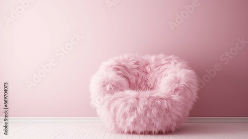 Interior simple classic pink room with fur fluffy chair. Empty place  background. generative ai 