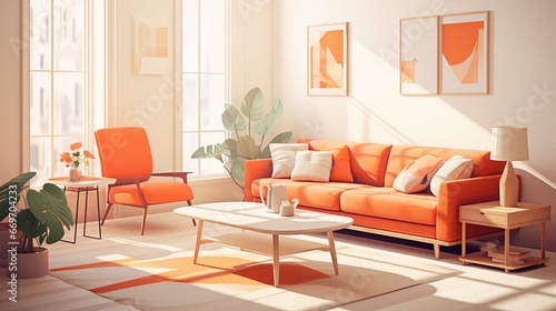 Modern Scandinavian apartment with living room in orange and beige colors, represented in a and illustration. generative ai 
