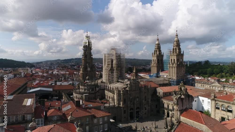 Aerial view of cathedral in Santiago de Compostela, Spain. Final point of pilgrims walking Camino de Santiago path Aerial view of cathedral in Santiago de Compostela, Spain. Final point of pilgrims walking Camino de Santiago path