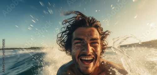 Hispanic Male Surfer Wave Period Background Generative AI © Johnathan