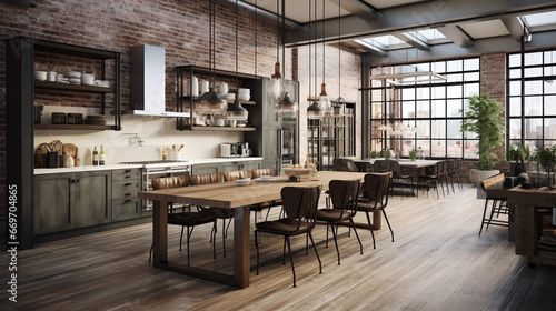 A chic urban loft kitchen with industrial pendant lights and an open-concept design © Milan