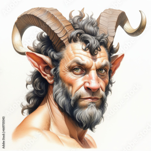 portrait of a satyr illustration , colored pencil drawing , isolated white background , 