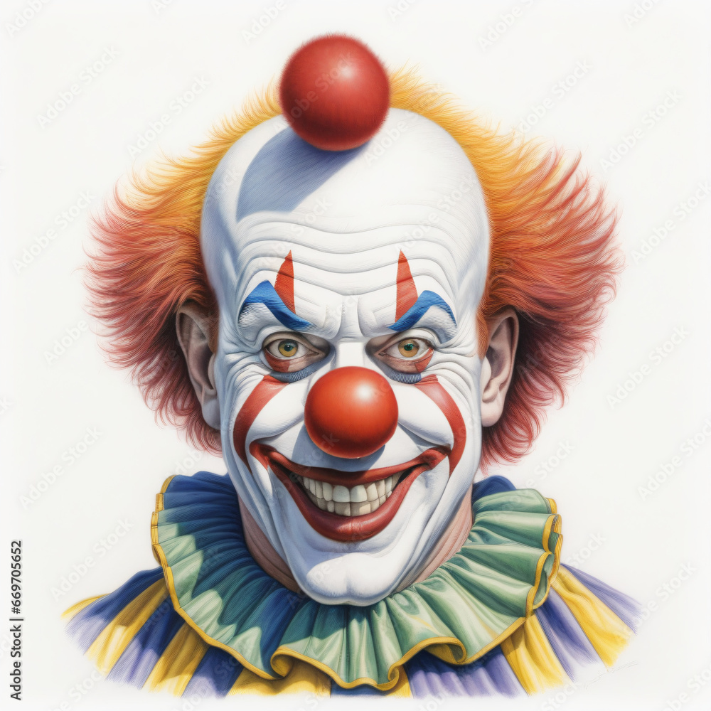creepy clown illustration , colored pencil drawing , isolated white background , 
