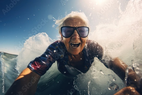 Asian Female Elderly Water Surfing Dawn Patrol Concept Generative AI