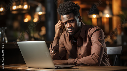 African American man overwhelmed by social media. Stress and anxyety