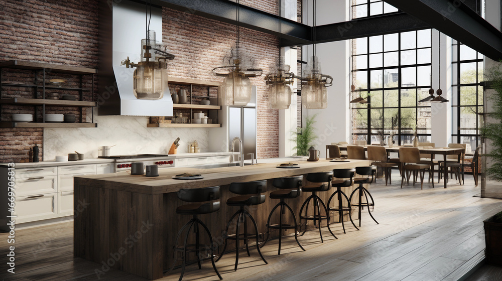 A chic urban loft kitchen with industrial pendant lights and an open-concept design
