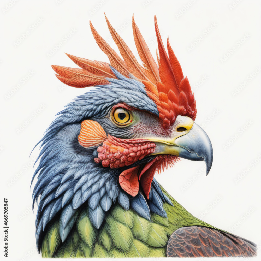 portrait of a rooster illustration , colored pencil drawing , isolated white background , 