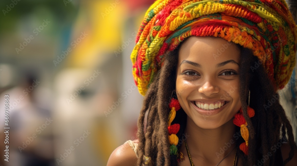 Fototapeta premium Smiling young Jamaican woman wearing a rasta hat.