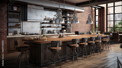 A chic urban loft kitchen with industrial pendant lights and an open-concept design