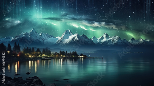 Aurora borealis over the sea, snowy mountains and city lights at night.