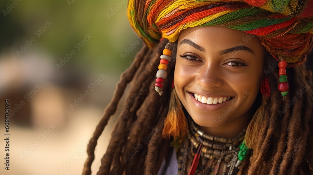 Smiling young Jamaican woman wearing a rasta hat. Smiling young Jamaican woman wearing a rasta hat.
