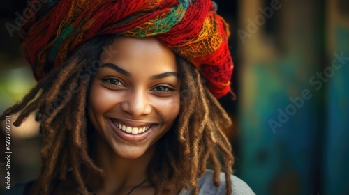 Smiling young Jamaican woman wearing a rasta hat. photo
