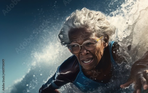 Black Female Elderly Surfer Wave Period Backdrop Generative AI