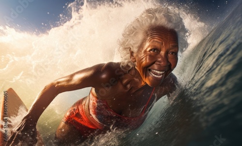 Black Female Elderly Water Surfing Overhead Backdrop Generative AI