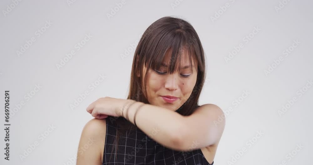 Vidéo Stock Healthcare, woman and cough in studio with sore throat, lung infection or virus from