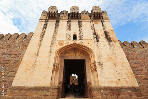 Low angle image of the main entrance of Golconda fort, Hyderabad, India