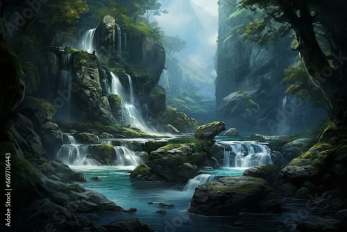 A river with side waterfall, mountain, middle waterfall, forest waterfall. Generative AI photo