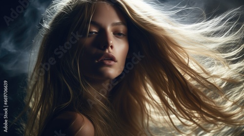 A young blonde with long dark hair flowing in the wind. Women's beauty, hair care.