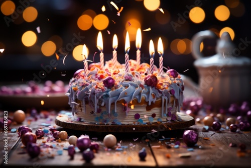 Candle in burning birthday cake photo