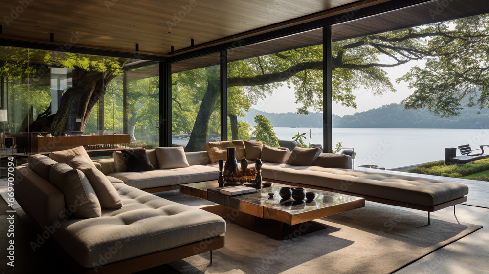 A contemporary living room with floor-to-ceiling windows offering a stunning view of nature