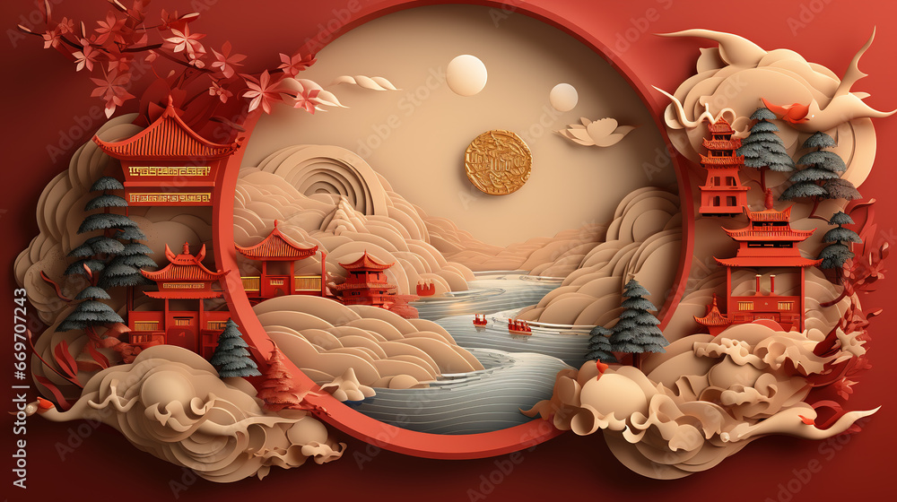 Chinese New Year Template with Circle Frame and Lanterns on 3D Patterned Background