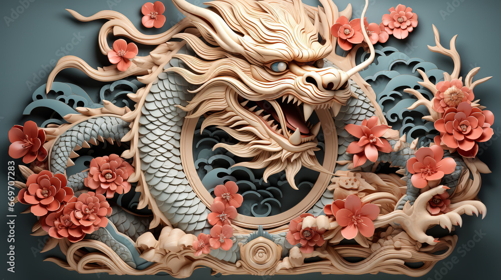 Chinese New year poster with wood dragon