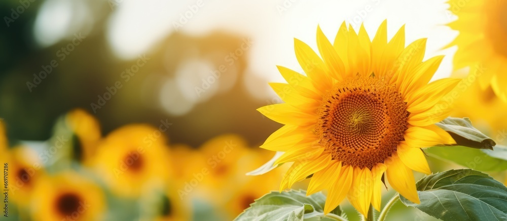 Fototapeta premium Blooming sunflower against natural backdrop