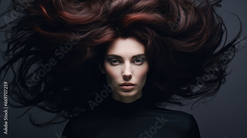 Brunette woman with long hair. Low key image. Hair care, hairstyles. © Restyler