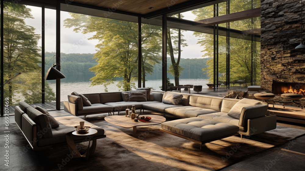 Fototapeta premium A contemporary living room with floor-to-ceiling windows offering a stunning view of nature