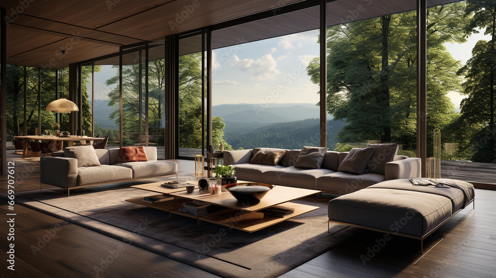 Fototapeta premium A contemporary living room with floor-to-ceiling windows offering a stunning view of nature