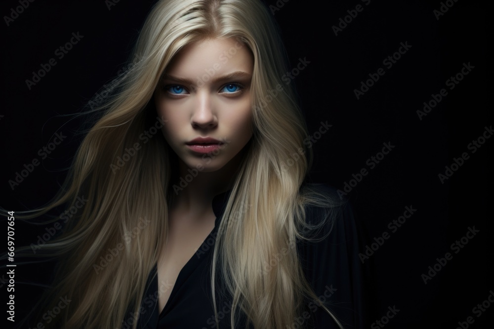 Fototapeta premium A young blonde with long dark hair flowing in the wind. Women's beauty, hair care.