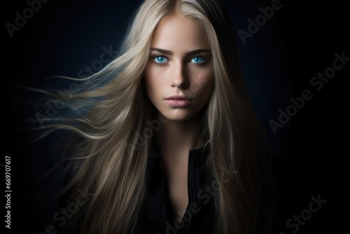 A young blonde with long dark hair flowing in the wind. Women's beauty, hair care.